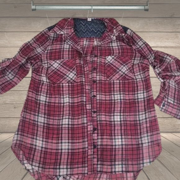 Xhilaration red and navy plaid sheer, long sleeved button-up shirt. - Picture 2 of 8